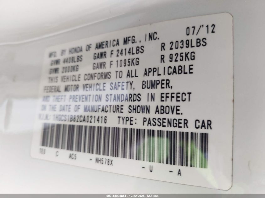 2012 Honda Accord 2.4 Ex-L VIN: 1HGCS1B82CA021416 Lot: 43993851