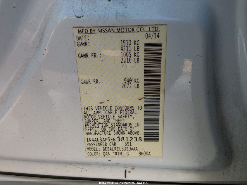 2014 Nissan Altima 2.5/2.5 S/2.5 Sl/2.5 Sv VIN: 1N4AL3AP5EN381238 Lot: 43993854