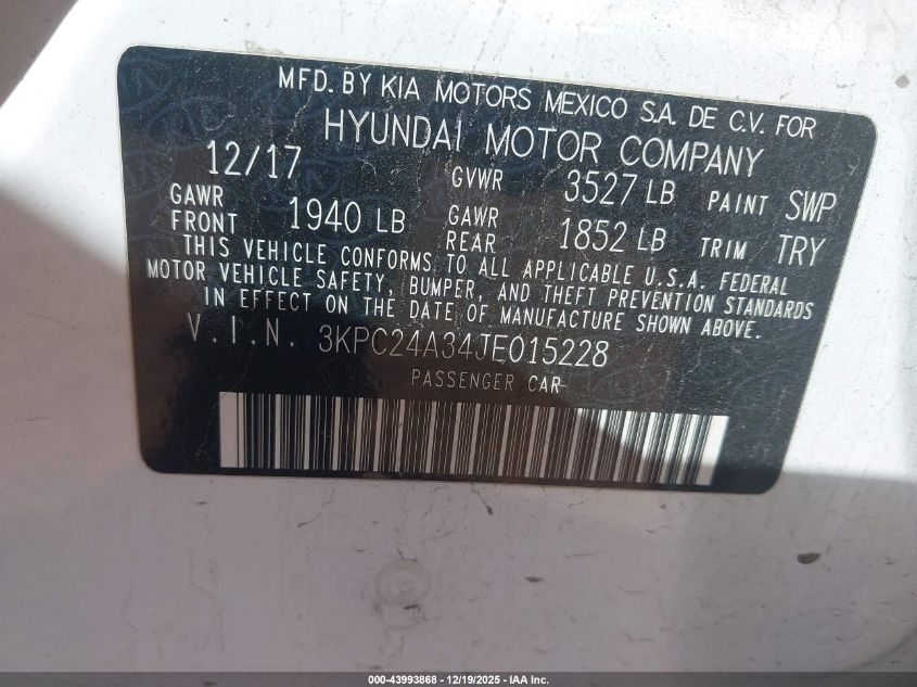 2018 Hyundai Accent Se VIN: 3KPC24A34JE015228 Lot: 43993868