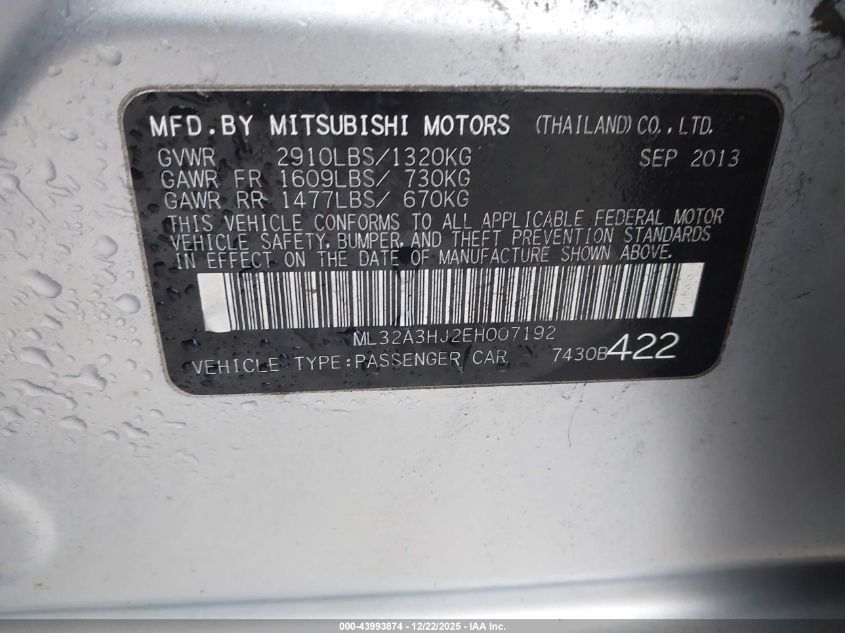 2014 Mitsubishi Mirage De VIN: ML32A3HJ2EH007192 Lot: 43993874