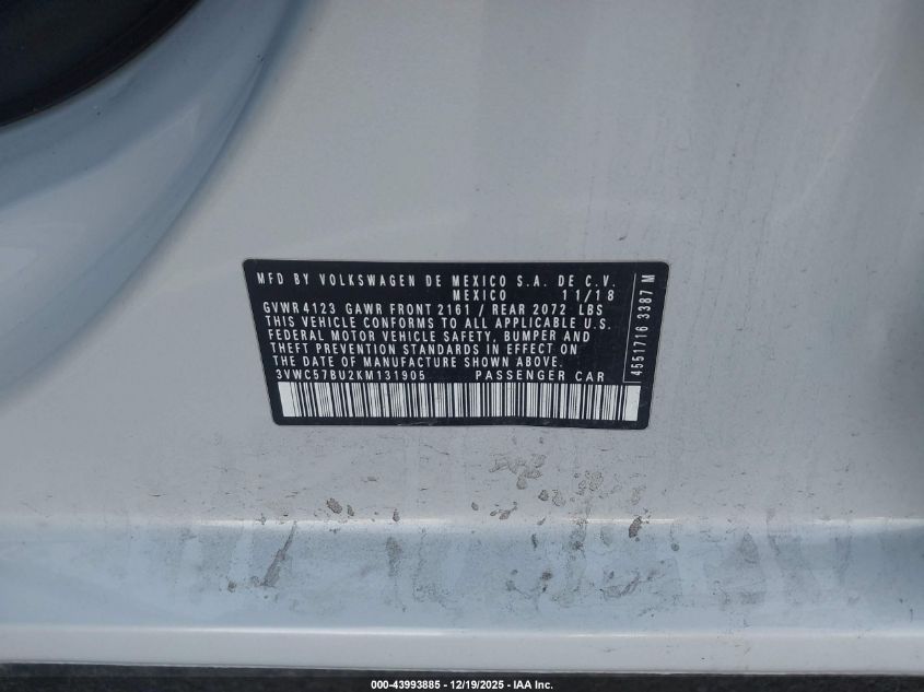 2019 Volkswagen Jetta 1.4T R-Line/1.4T S/1.4T Se VIN: 3VWC57BU2KM131905 Lot: 43993885