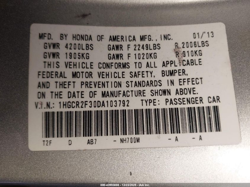 2013 Honda Accord Lx VIN: 1HGCR2F30DA103792 Lot: 43993886