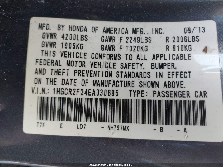 2014 Honda Accord Lx VIN: 1HGCR2F34EA030895 Lot: 43993889