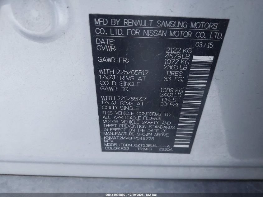 2015 Nissan Rogue Sv VIN: KNMAT2MV6FP548775 Lot: 43993892