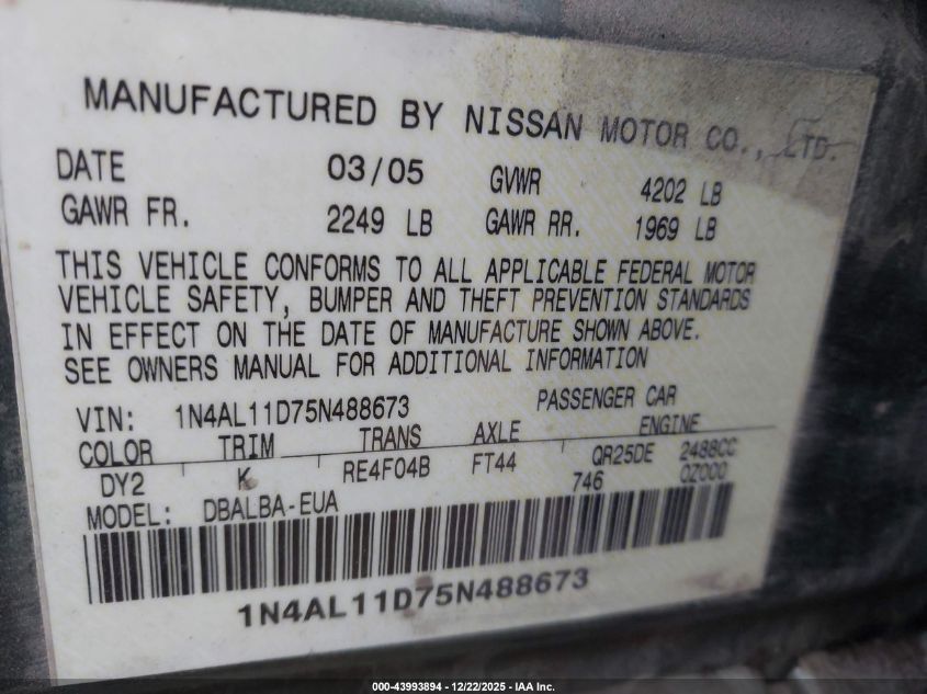 2005 Nissan Altima 2.5 S VIN: 1N4AL11D75N488673 Lot: 43993894