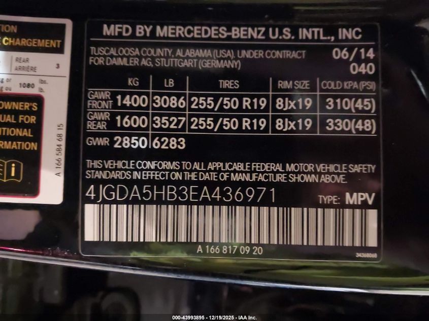 2014 Mercedes-Benz Ml 350 4Matic VIN: 4JGDA5HB3EA436971 Lot: 43993895