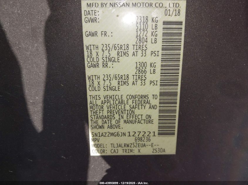 2018 Nissan Murano Sl VIN: 5N1AZ2MG6JN127221 Lot: 43993899