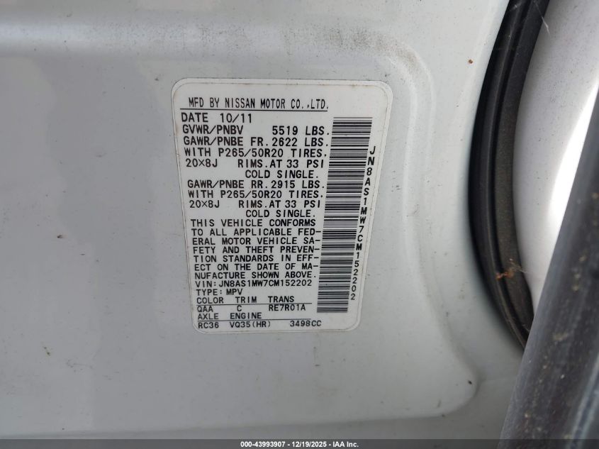 2012 Infiniti Fx35 VIN: JN8AS1MW7CM152202 Lot: 43993907