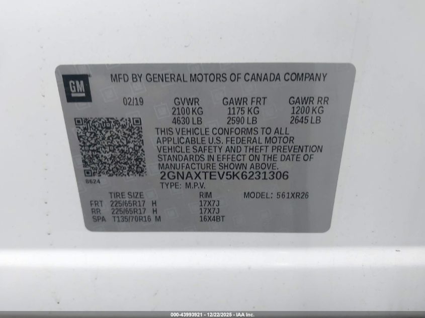 2019 Chevrolet Equinox Lt VIN: 2GNAXTEV5K6231306 Lot: 43993921