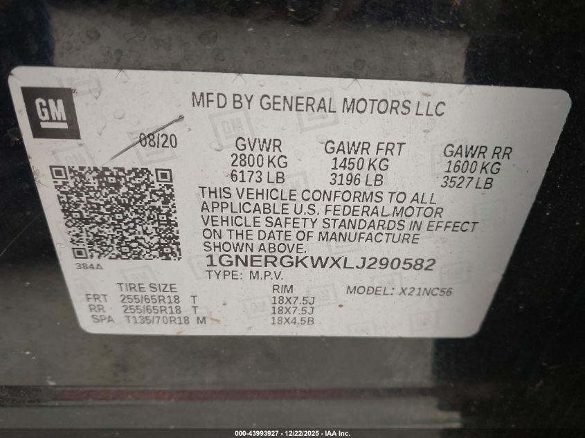 2020 Chevrolet Traverse Fwd Lt Cloth VIN: 1GNERGKWXLJ290582 Lot: 43993927