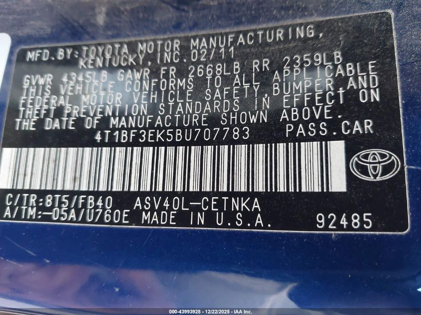 2011 Toyota Camry Le VIN: 4T1BF3EK5BU707783 Lot: 43993928