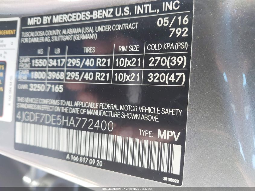 2017 Mercedes-Benz Gls 550 4Matic VIN: 4JGDF7DE5HA772400 Lot: 43993929