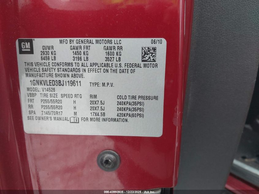 2011 Chevrolet Traverse Ltz VIN: 1GNKVLED3BJ119611 Lot: 43993935