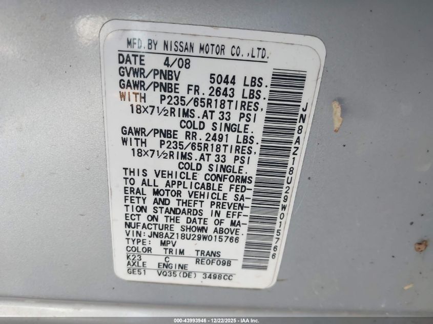 2009 Nissan Murano Sl VIN: JN8AZ18U29W015766 Lot: 43993946