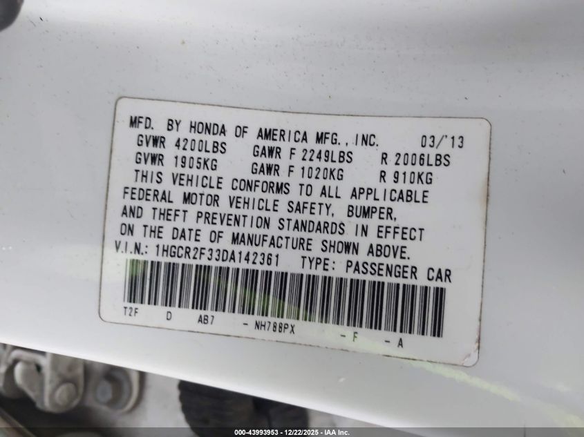 2013 Honda Accord Lx VIN: 1HGCR2F33DA142361 Lot: 43993953