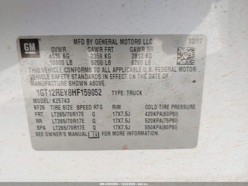2017 GMC Sierra 2500Hd VIN: 1GT12REY8HF159052 Lot: 43993954