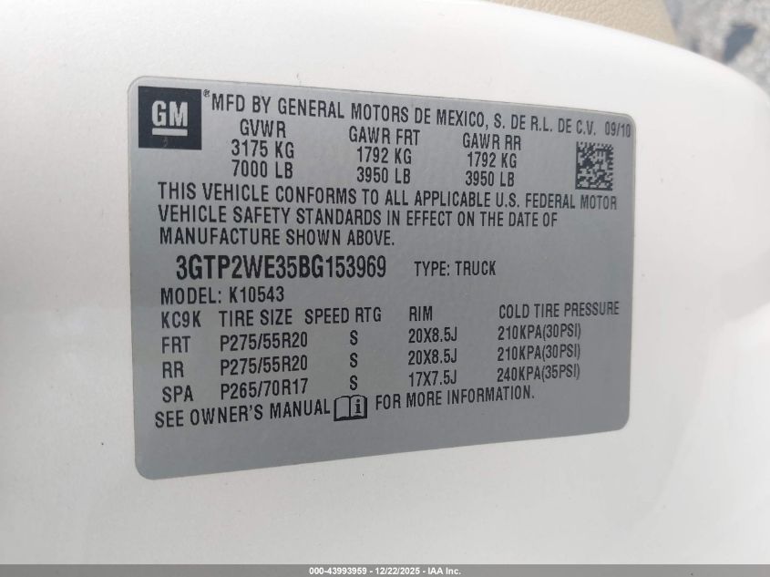 2011 GMC Sierra 1500 Slt VIN: 3GTP2WE35BG153969 Lot: 43993959