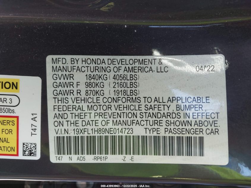 2022 Honda Civic Sport Touring VIN: 19XFL1H89NE014723 Lot: 43993963