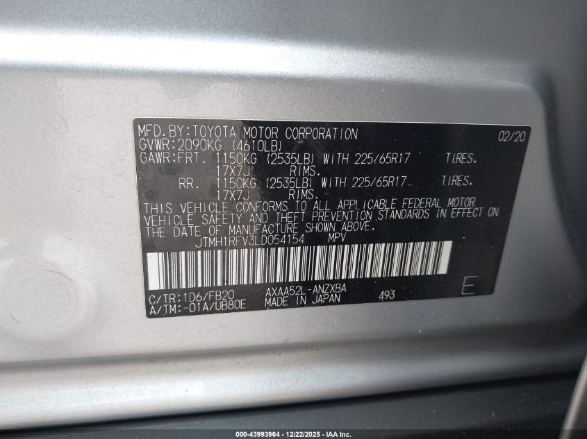2020 Toyota Rav4 Le VIN: JTMH1RFV3LD054154 Lot: 43993964