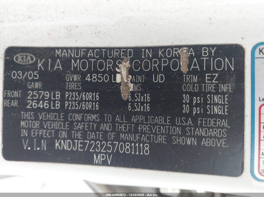 2005 Kia Sportage Ex V6/Lx V6 VIN: KNDJE723257081118 Lot: 43993972