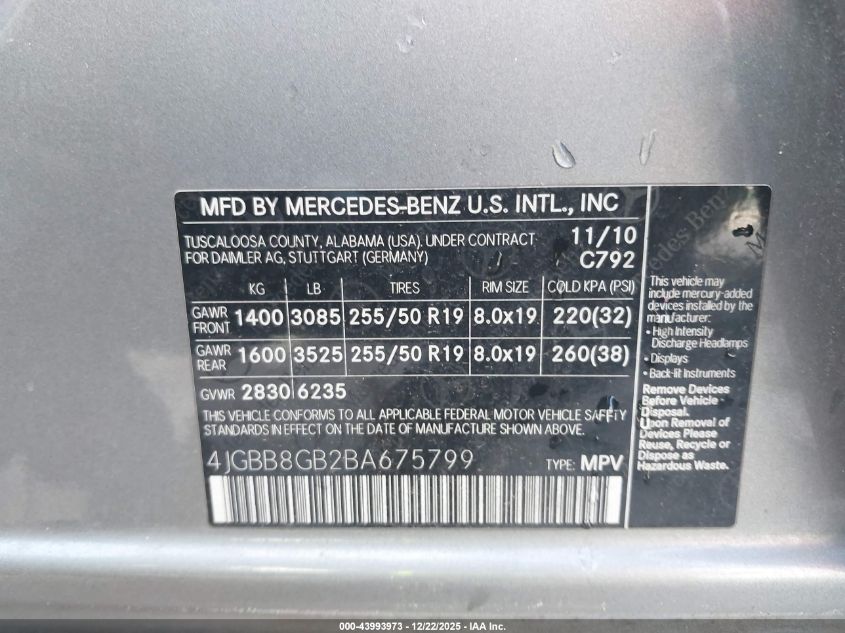 2011 Mercedes-Benz Ml 350 4Matic VIN: 4JGBB8GB2BA675799 Lot: 43993973