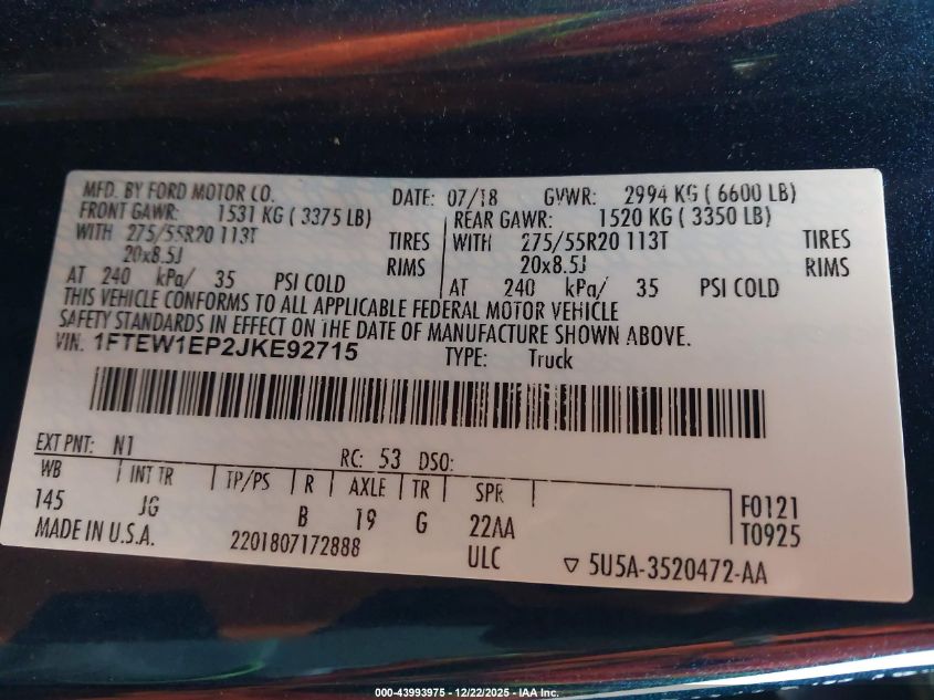 2018 Ford F-150 Xl VIN: 1FTEW1EP2JKE92715 Lot: 43993975