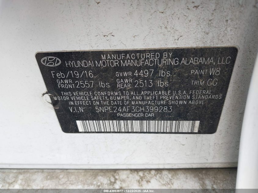 2016 Hyundai Sonata Se VIN: 5NPE24AF3GH399283 Lot: 43993977