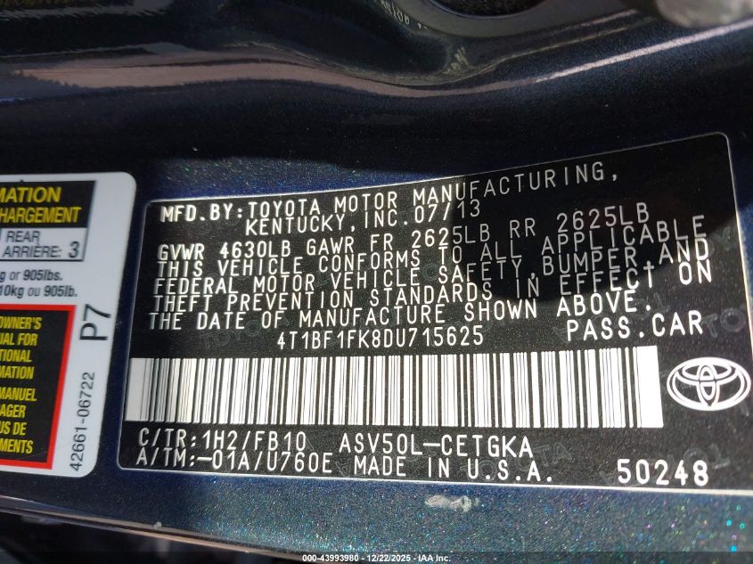 2013 Toyota Camry Xle VIN: 4T1BF1FK8DU715625 Lot: 43993980