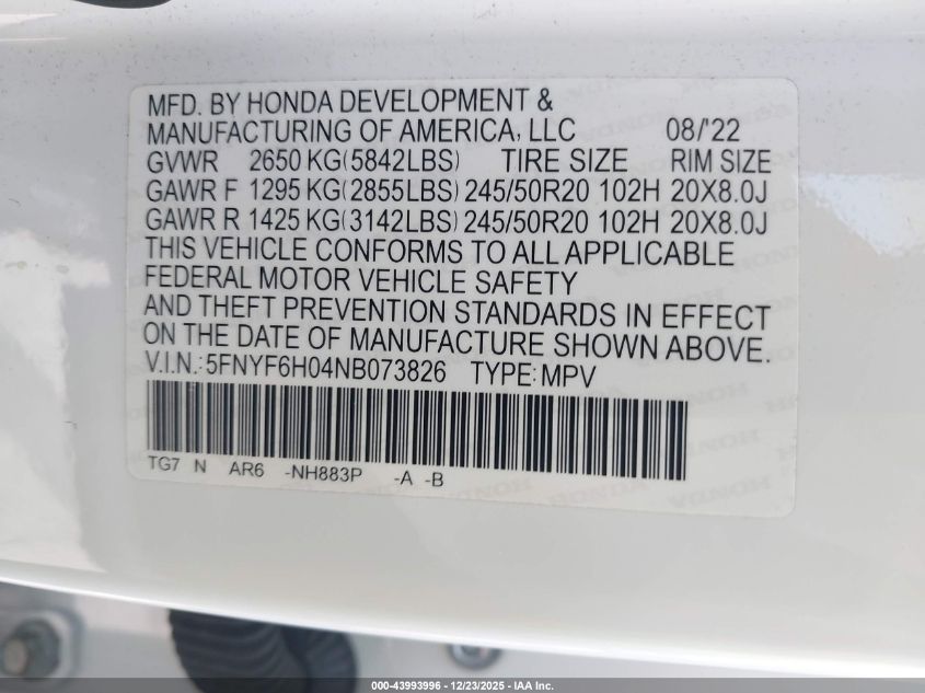 2022 Honda Pilot Awd Elite VIN: 5FNYF6H04NB073826 Lot: 43993996