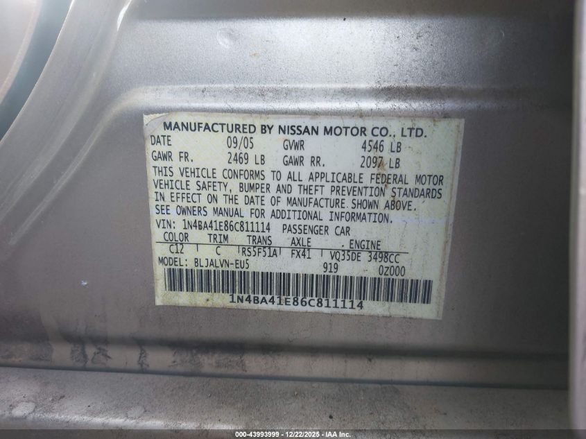 2006 Nissan Maxima 3.5 Se VIN: 1N4BA41E86C811114 Lot: 43993999