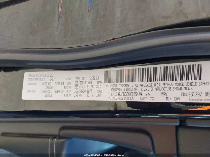 2017 Jeep Grand Cherokee Limited 4X4 VIN: 1C4RJFBG6HC835449 Lot: 43994009