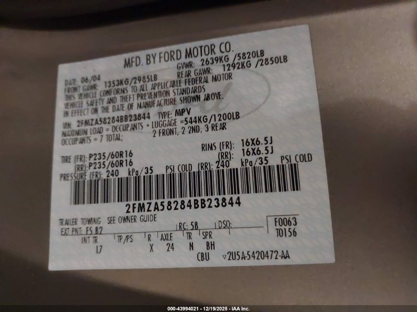 2004 Ford Freestar Limited VIN: 2FMZA58284BB23844 Lot: 43994021