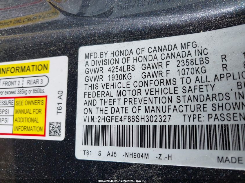 2025 Honda Civic Hybrid Sport/Sport Touring VIN: 2HGFE4F86SH302327 Lot: 43994022