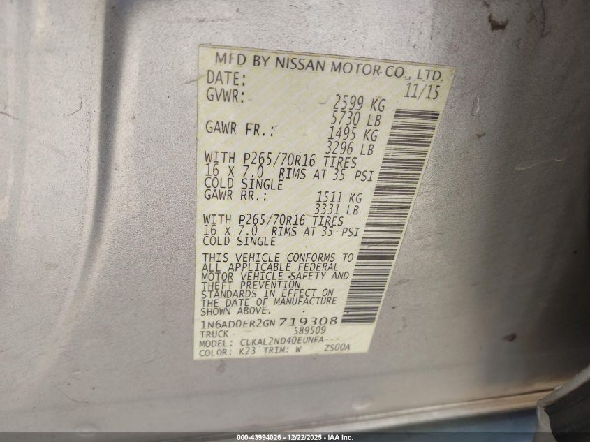 2016 Nissan Frontier Sv VIN: 1N6AD0ER2GN719308 Lot: 43994026