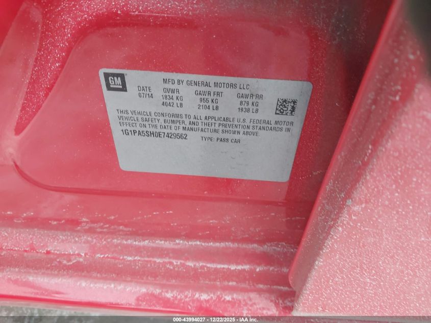 2014 Chevrolet Cruze Ls Auto VIN: 1G1PA5SH0E7429562 Lot: 43994027