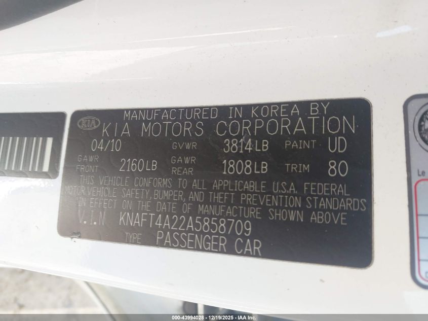 2010 Kia Forte Lx VIN: KNAFT4A22A5858709 Lot: 43994028
