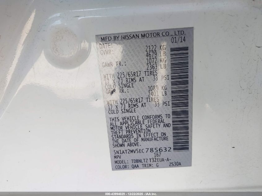 2014 Nissan Rogue Sv VIN: 5N1AT2MV5EC785632 Lot: 43994029