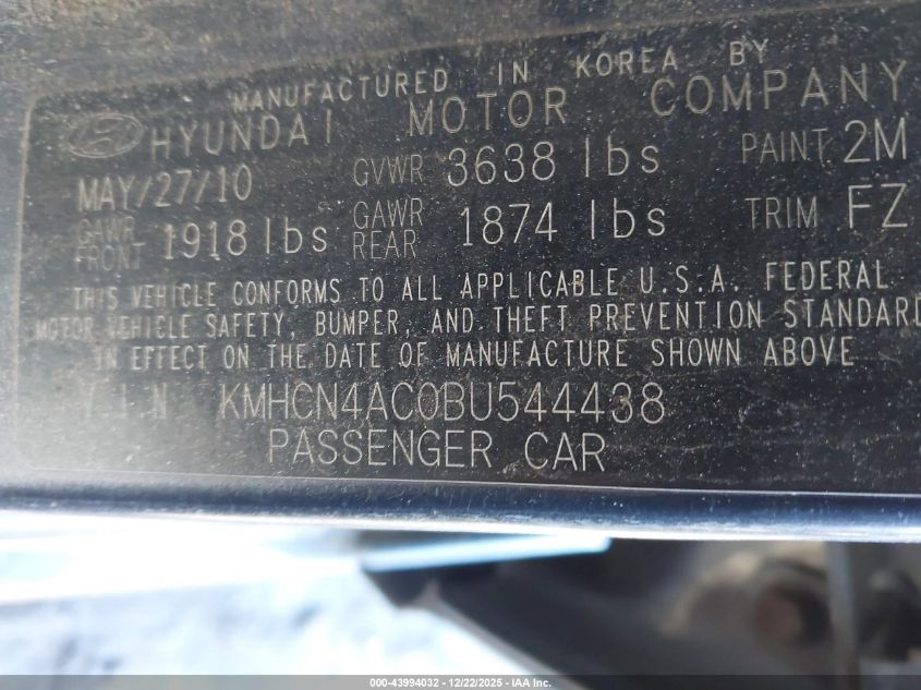 2011 Hyundai Accent Gls VIN: KMHCN4AC0BU544438 Lot: 43994032