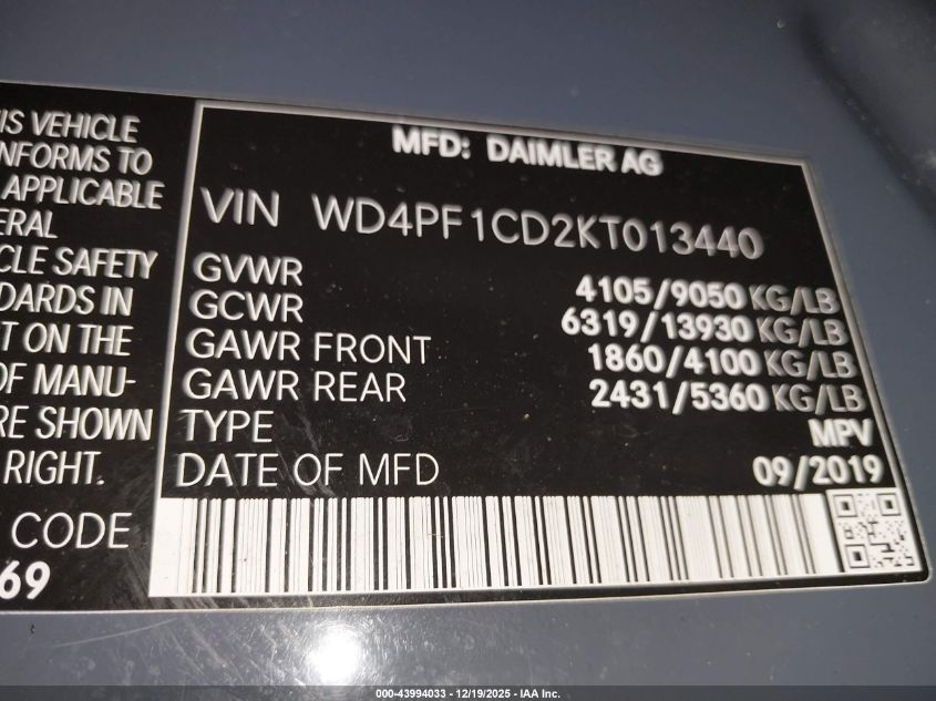 2019 Mercedes-Benz Sprinter 2500 High Roof V6 VIN: WD4PF1CD2KT013440 Lot: 43994033