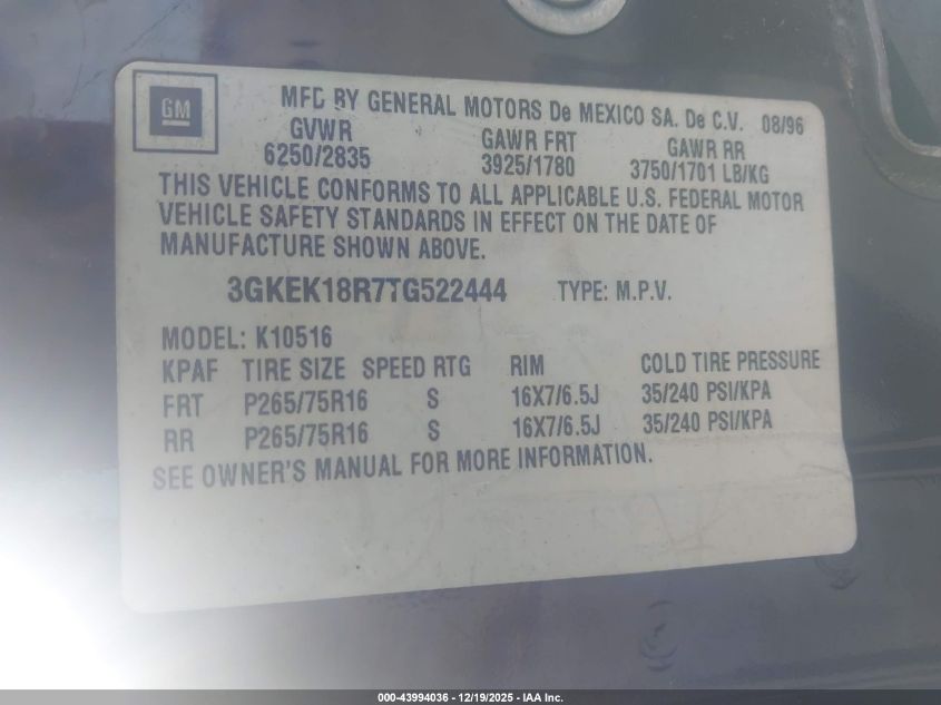 1996 GMC Yukon VIN: 3GKEK18R7TG522444 Lot: 43994036