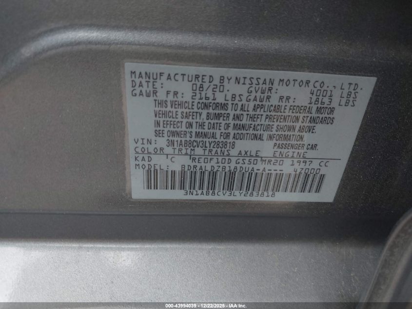 2020 Nissan Sentra Sv Xtronic Cvt VIN: 3N1AB8CV3LY283818 Lot: 43994039