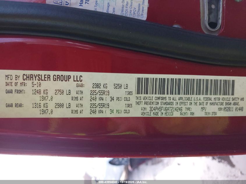 2010 Dodge Journey Sxt VIN: 3D4PH5FV6AT214246 Lot: 43994040