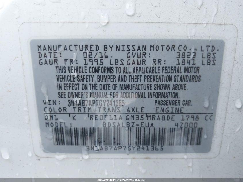 2016 Nissan Sentra S VIN: 3N1AB7AP7GY241365 Lot: 43994041