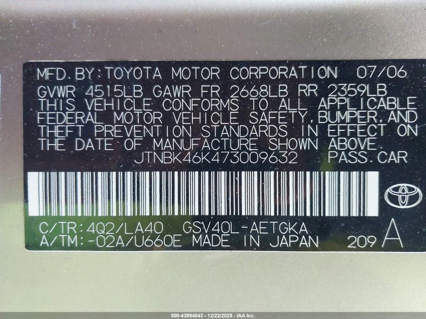 2007 Toyota Camry Xle V6 VIN: JTNBK46K473009632 Lot: 43994043