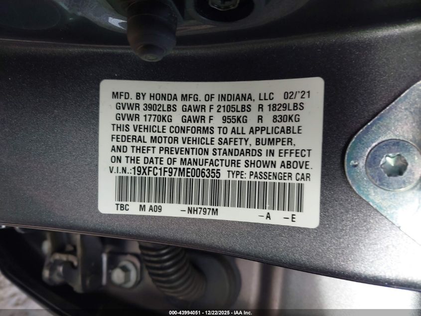 2021 Honda Civic Touring VIN: 19XFC1F97ME006355 Lot: 43994051