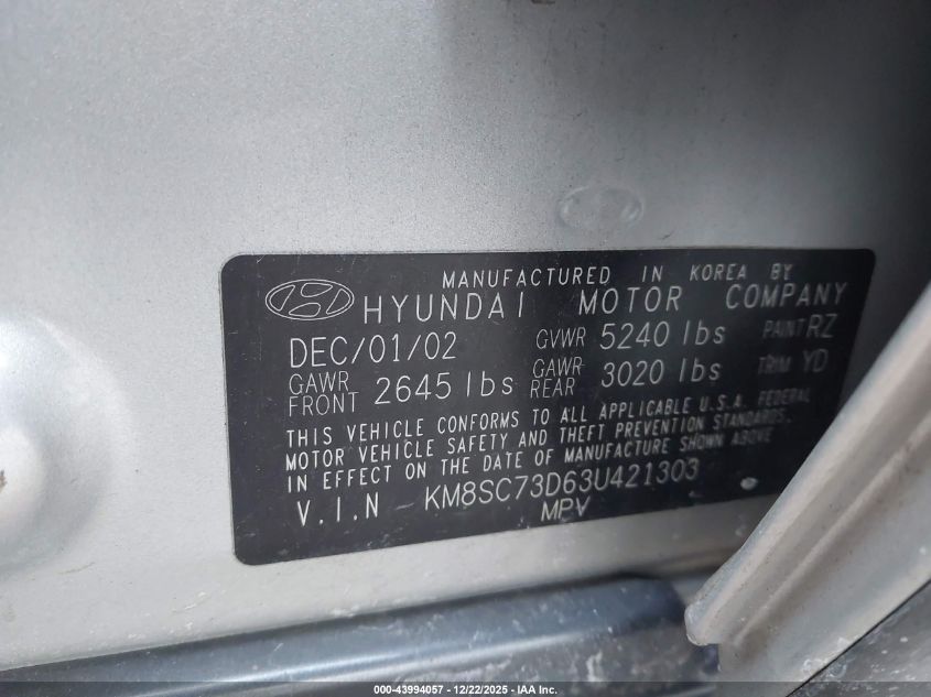 2003 Hyundai Santa Fe Gls/Lx VIN: KM8SC73D63U421303 Lot: 43994057