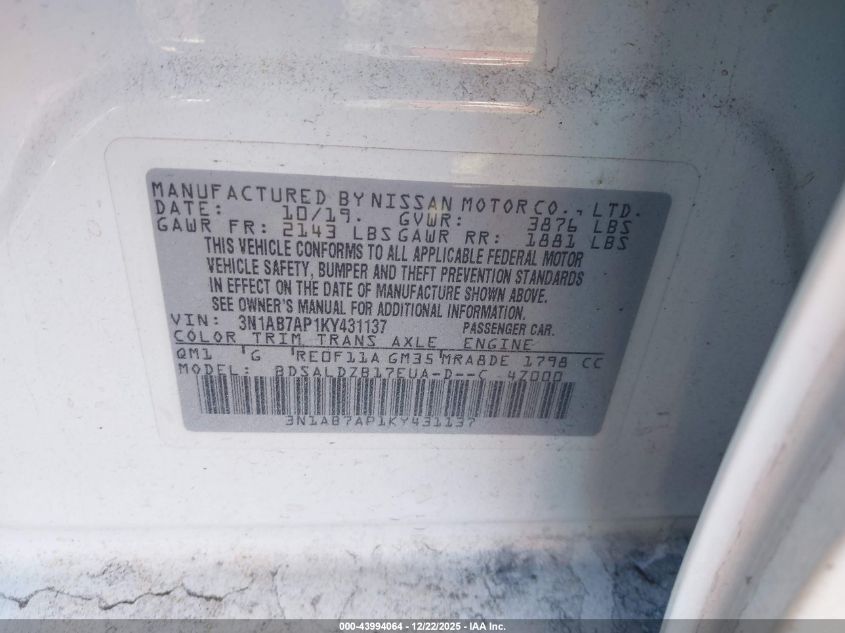 2019 Nissan Sentra Sv VIN: 3N1AB7AP1KY431137 Lot: 43994064