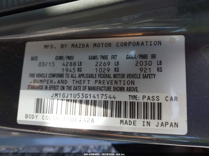 2016 Mazda Mazda6 I Sport VIN: JM1GJ1U53G1417544 Lot: 43994072