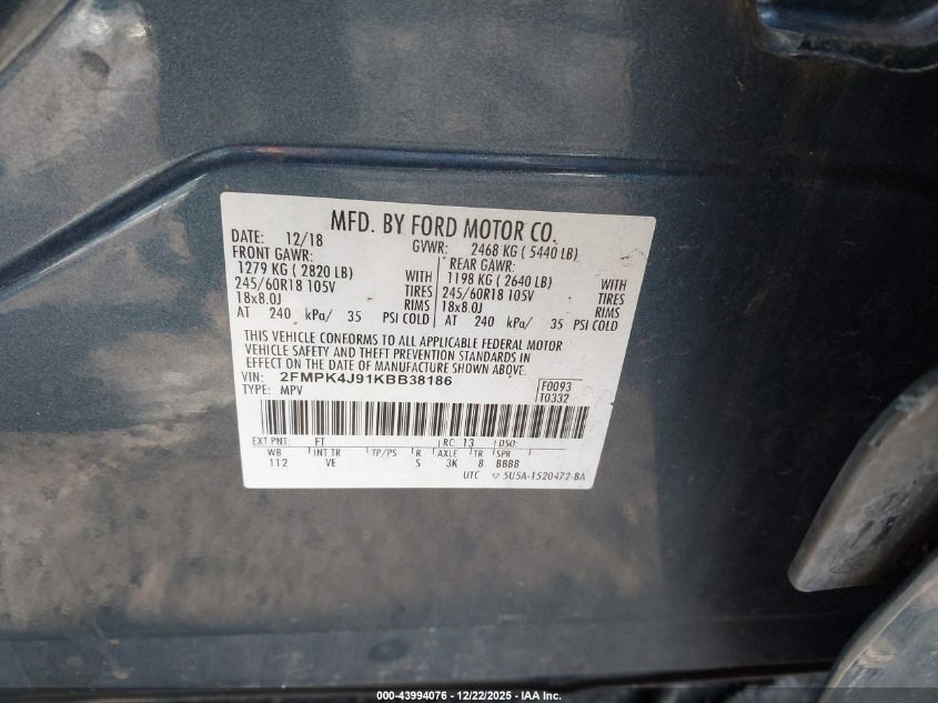 2019 Ford Edge Sel VIN: 2FMPK4J91KBB38186 Lot: 43994076