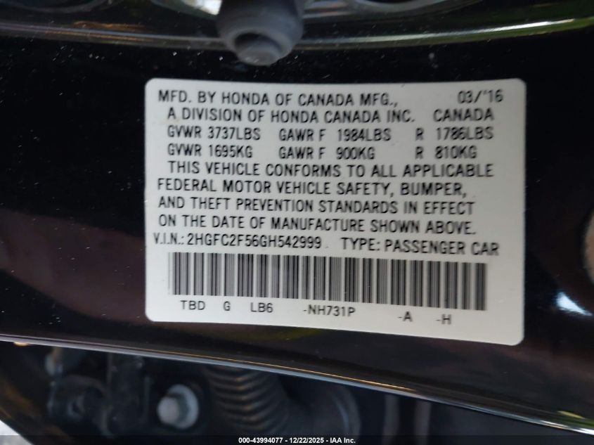 2016 Honda Civic Lx VIN: 2HGFC2F56GH542999 Lot: 43994077